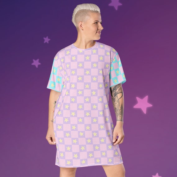Pastel Star Checkered T-shirt Dress