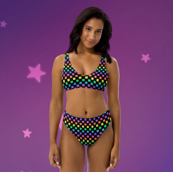 Rainbow Checkered High-Waisted Bikini