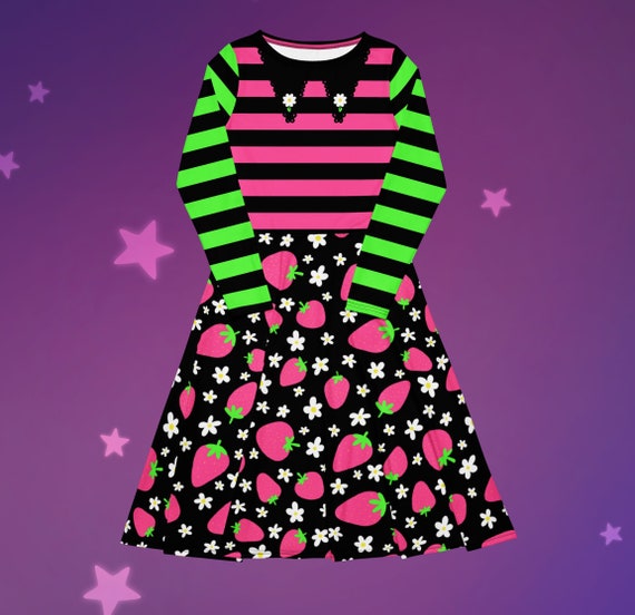 Pink Strawberry Flowers and Stripes Midi Dress With Pockets!