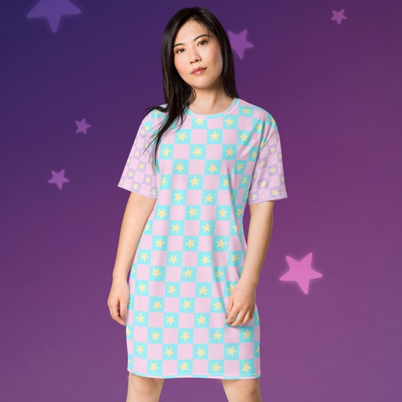 Pastel Star Checkered Colorblock T-shirt dress
