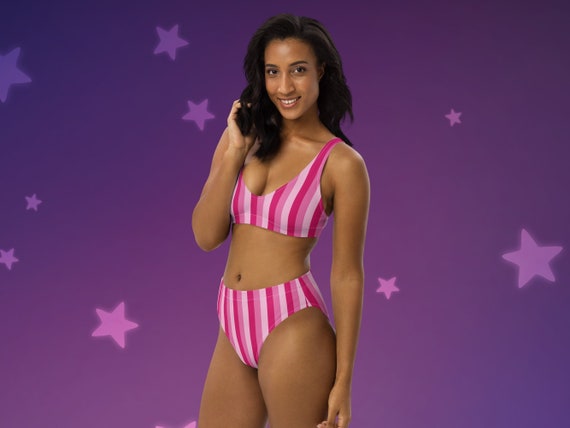 Pink Vertical Stripes Recycled High-Waisted Bikini