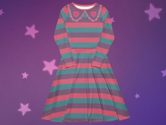 Pastel Stripes Faux Collar Long Sleeve Midi Dress