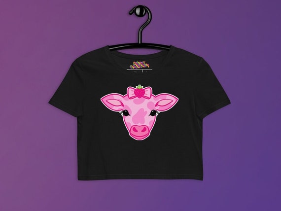 Pink Strawberry Cow Moo Kawaii Organic Crop Top