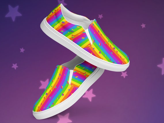 Rainbow Stripes and Stars Womens Slip-On Canvas Shoes